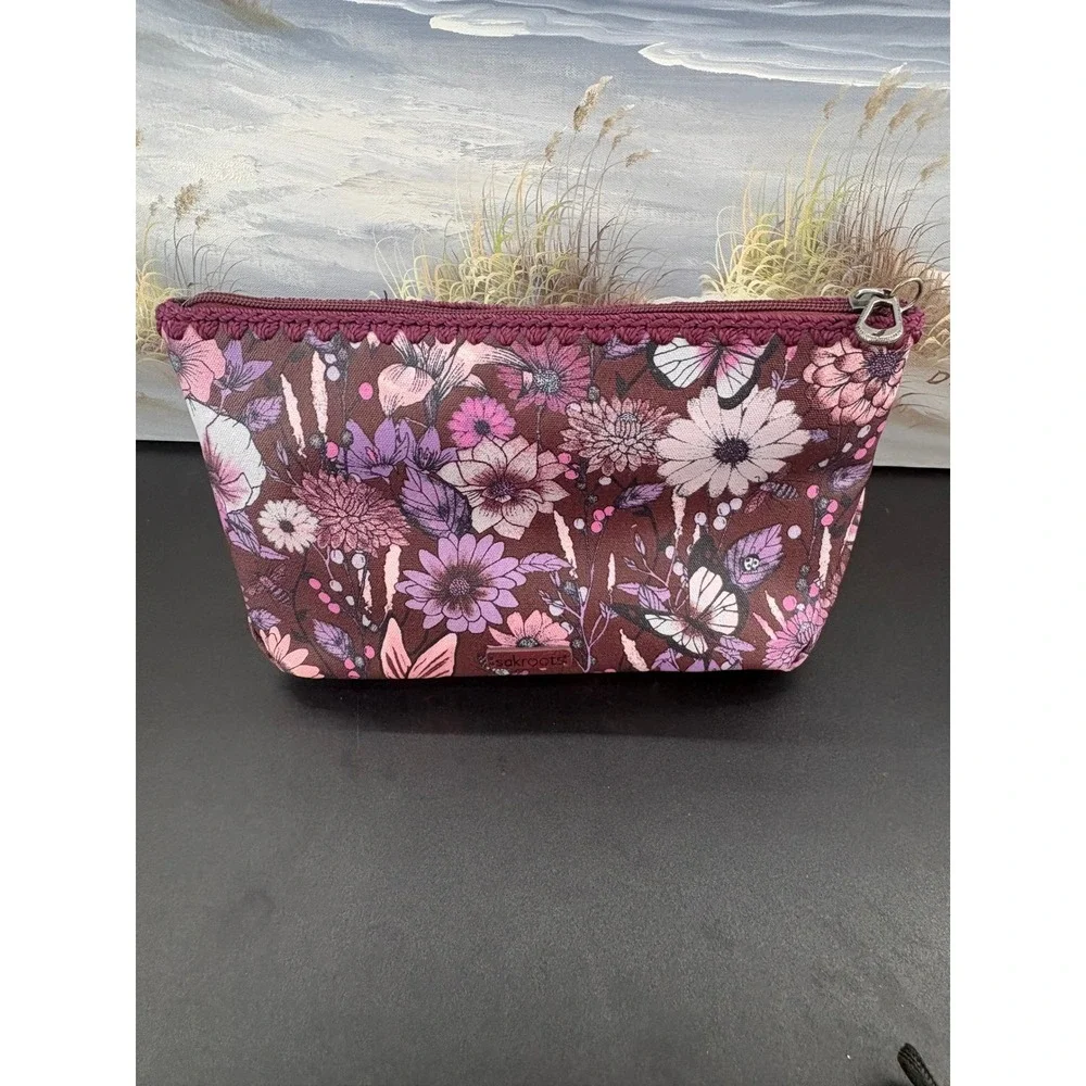 Sakroots Floral Butterfly Makeup Cosmetic Bag Pouch Purple Pink Coated Canvas